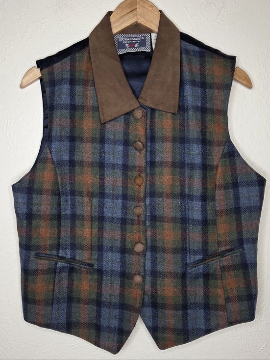 Vintage Jackets & Blazers - Vintage 90s Plaid Wool Vest Leather Trim Button Front Size M Equestrian Academia